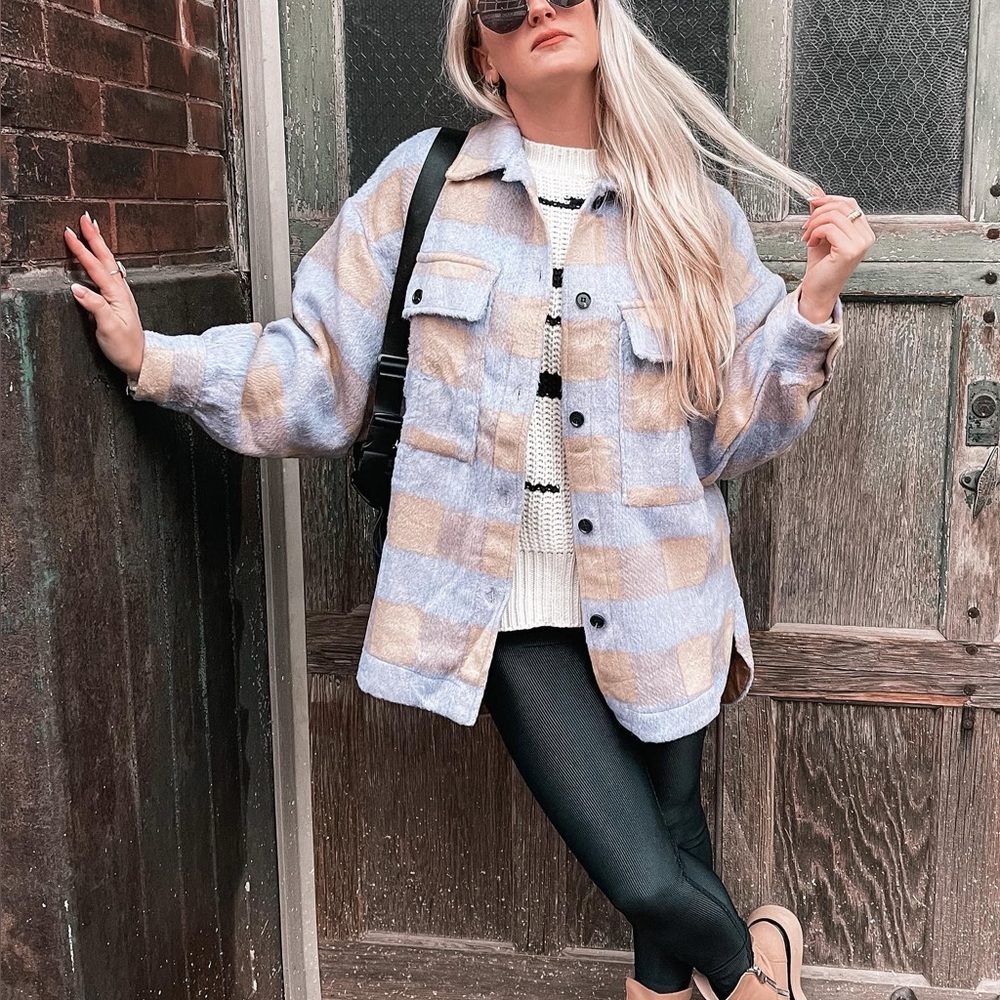 Plaid Utility Shacket Jacket in Lavender and Beige